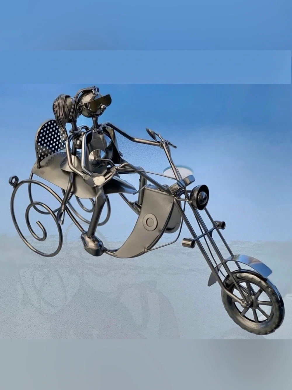 Metallic Steampunk Couple On A Motorcycle Single Wine Bottle Holder Sculpture
